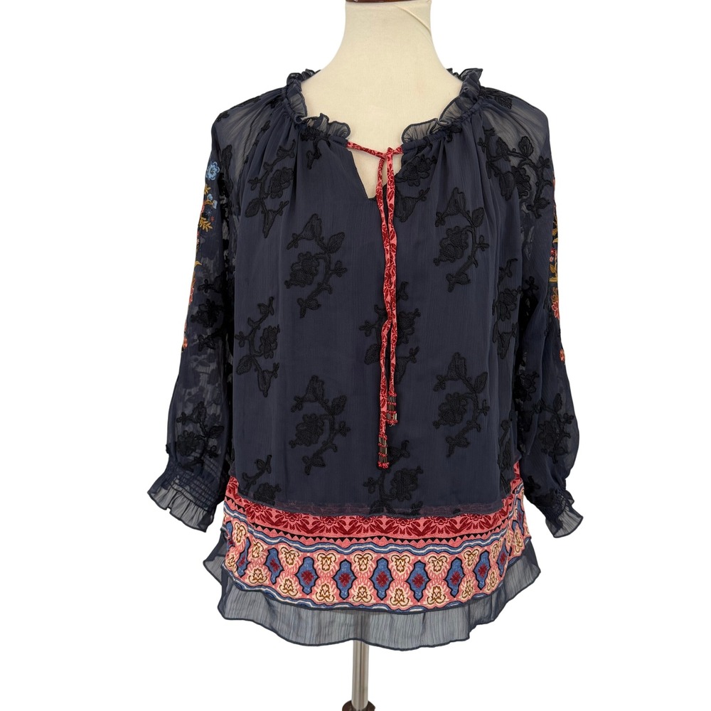 JOHN MARK Embroidered Floral Boho Peasant Blouse Top Women‎ Size M